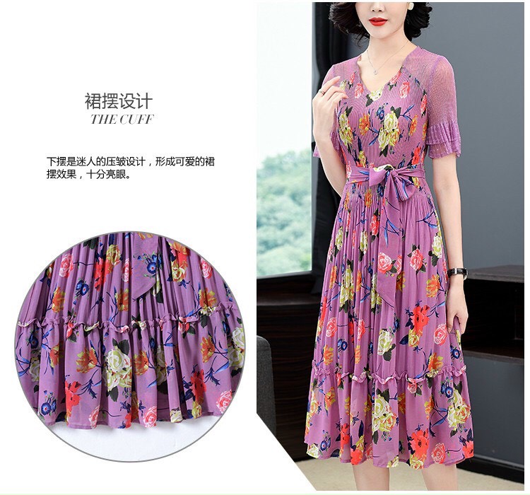 Đầm Dập Ly Hoa Cổ V  Cao Cấp Tím - HN905